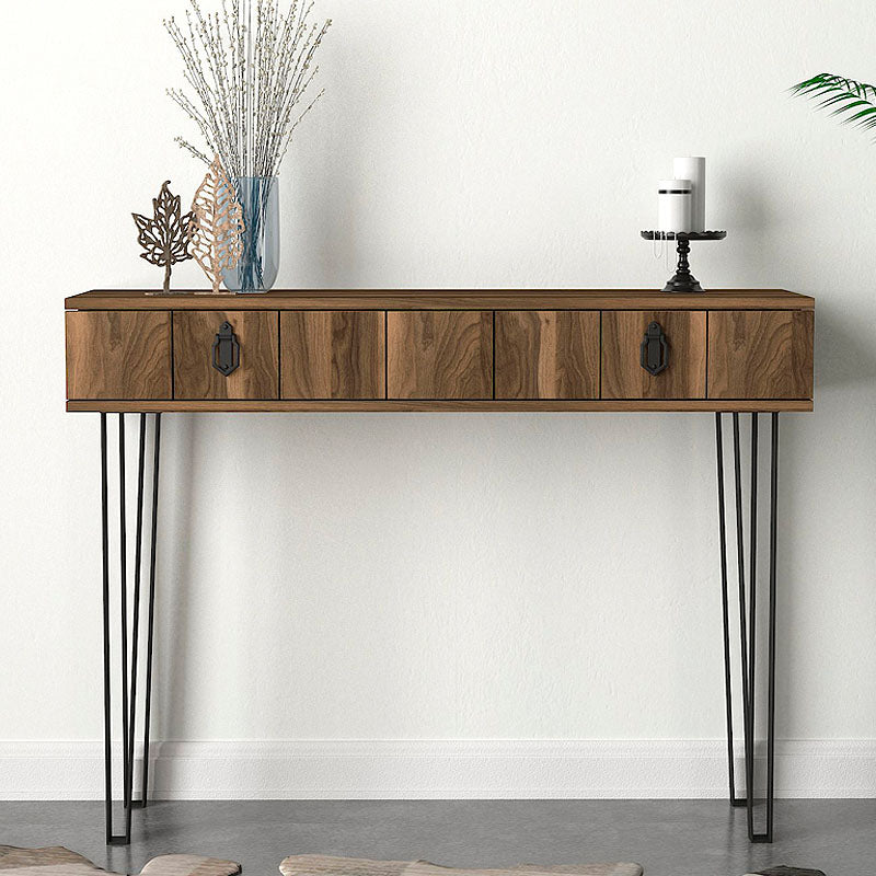 Console Table GARNI in walnut finish, featuring a large drawer and metal legs, ideal for home or office use.